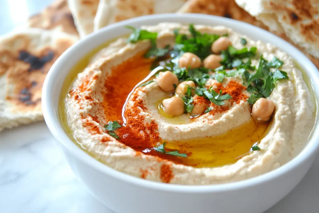 Creamy hummus garnished with paprika and olive oil.