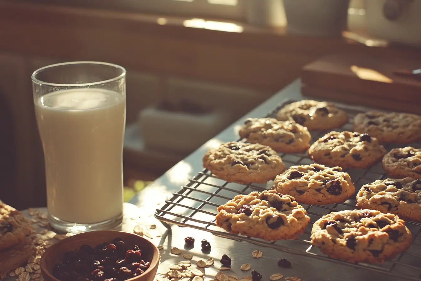 Top-down view of oatmeal raisin chocolate chip cookies on a baking sheet