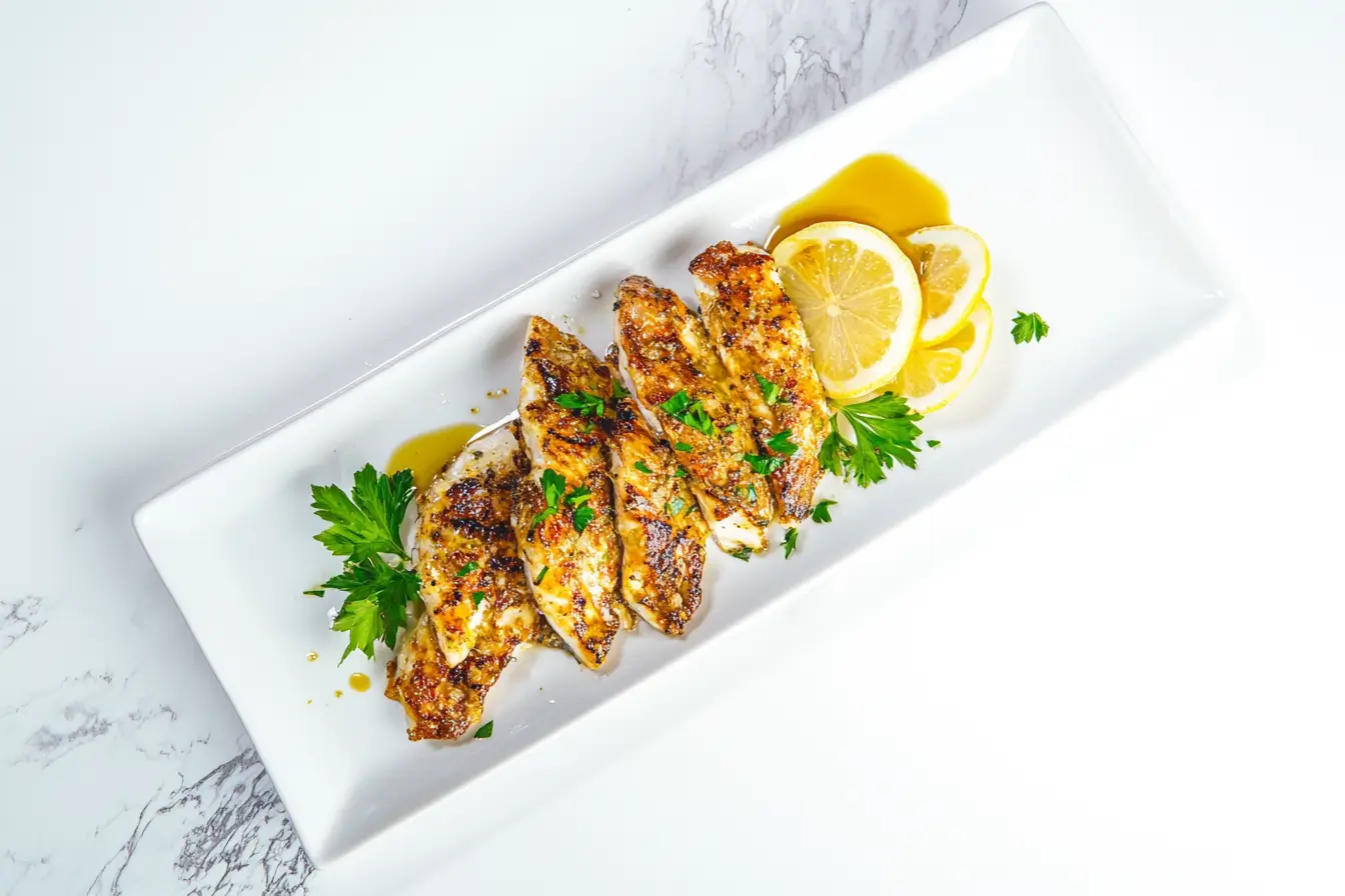 Grilled rockfish with lemon garnish