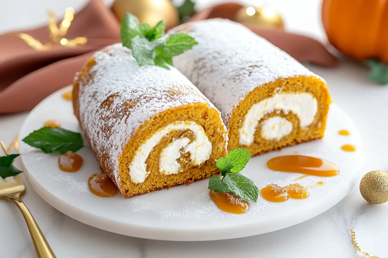 Sliced pumpkin roll on white marble with powdered sugar and garnished with mint leaves