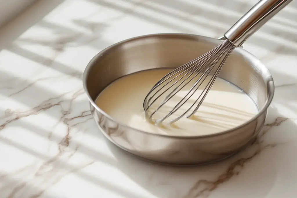 Béchamel sauce being whisked for veggie lasagna white sauce