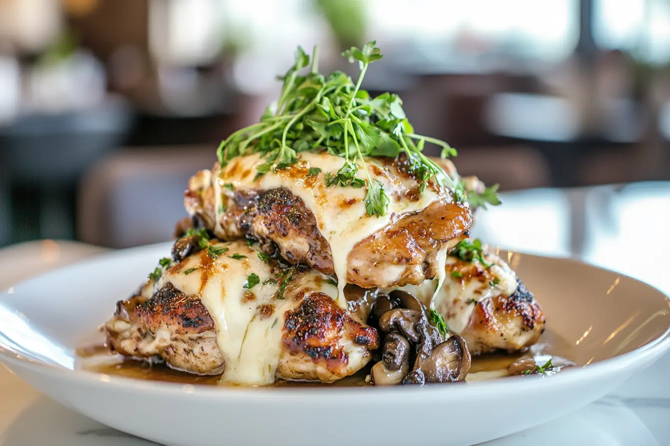 Alice Springs Chicken served with cheese, mushrooms, and herbs.