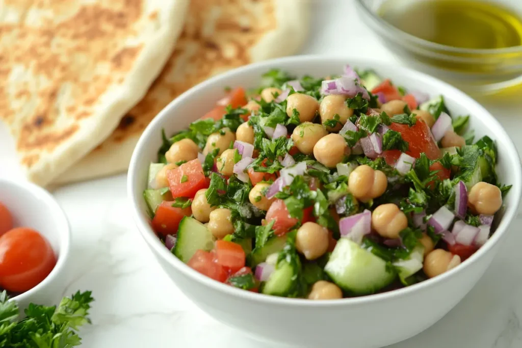 Mediterranean chickpea salad with fresh vegetables