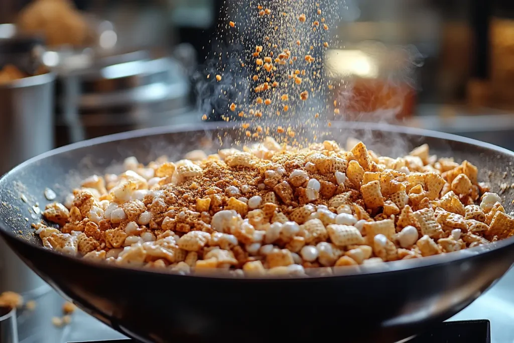 Seasoning mixture poured over Chex Mix in a bowl.