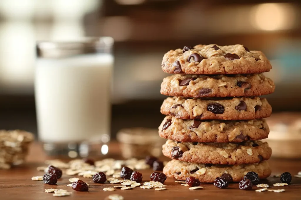 Freshly baked oatmeal raisin chocolate chip cookies on a rustic table