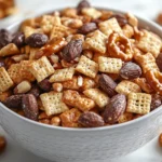 Freshly baked Chex Mix in a white bowl on a marble counter.