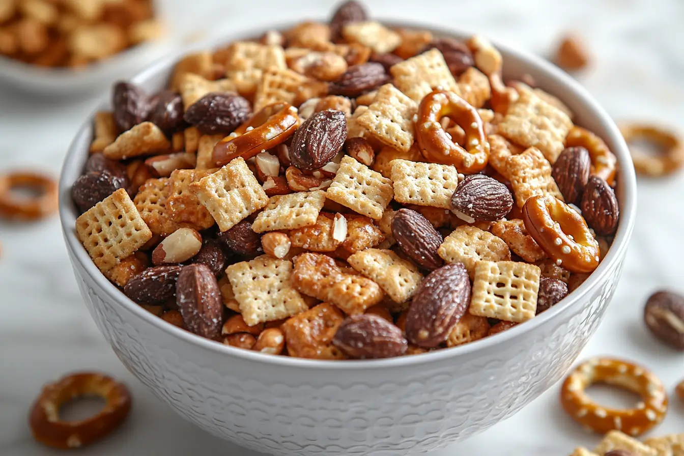 Freshly baked Chex Mix in a white bowl on a marble counter.