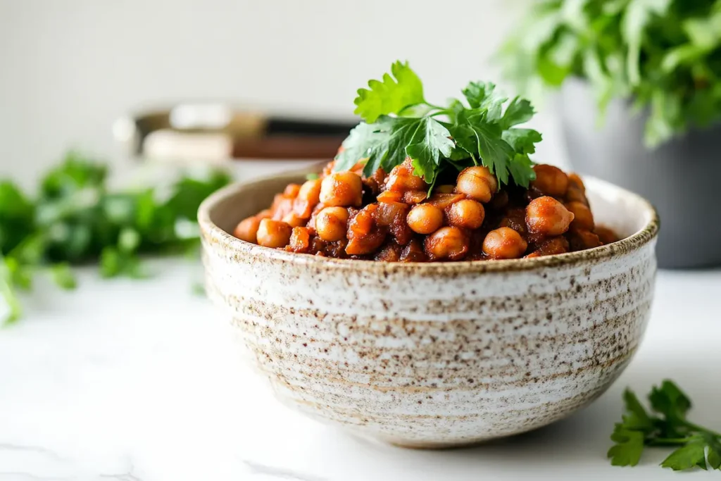 Rustic bowl of cooked chickpeas (ceci beans) garnished with parsley