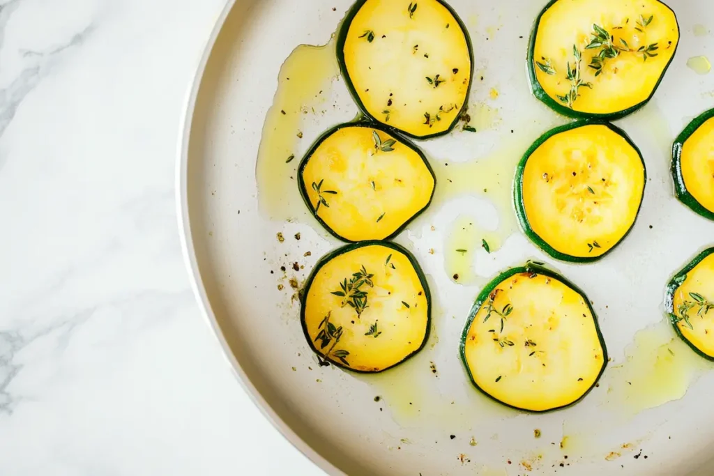 Sliced cousa squash sautéed in a pan