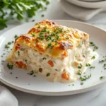 Slice of veggie lasagna with white sauce served on a white plate