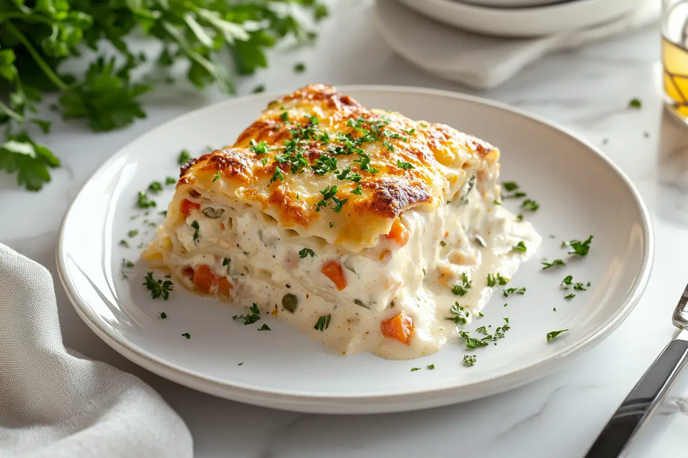 Slice of veggie lasagna with white sauce served on a white plate