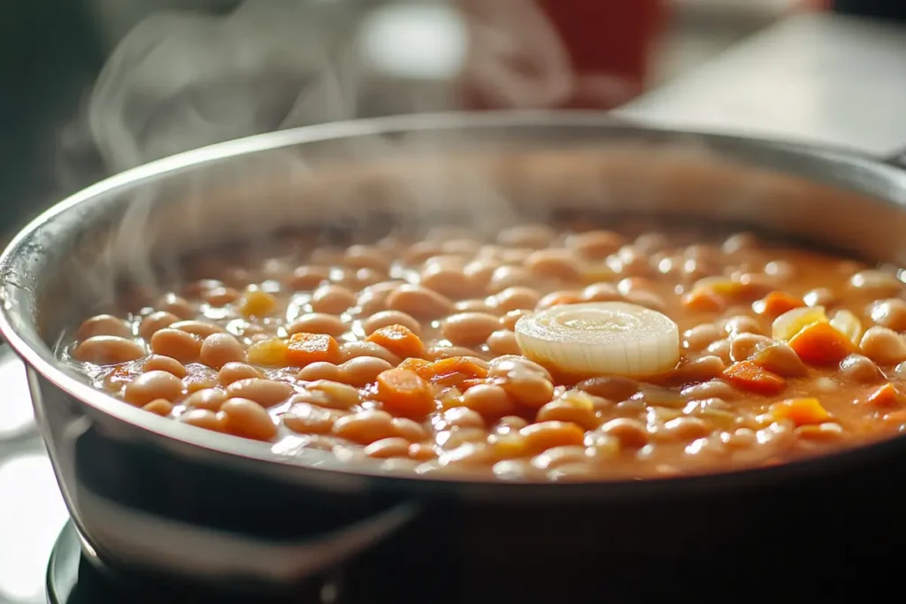 Ceci beans simmering in a pot with garlic and vegetables.