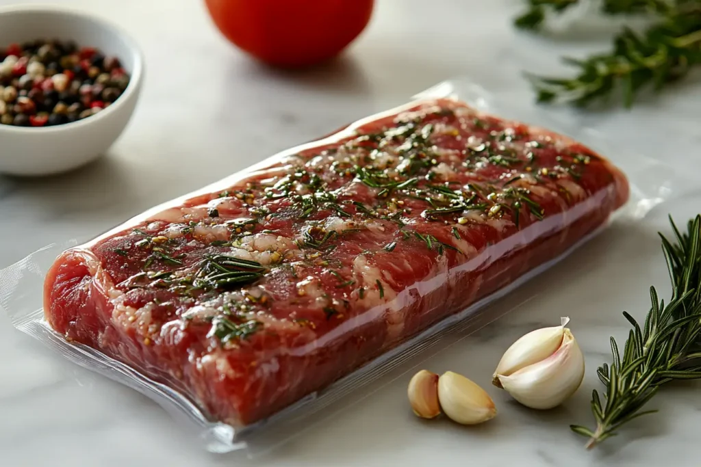 Sous vide vacuum sealer sealing a bag with seasoned steak on white marble