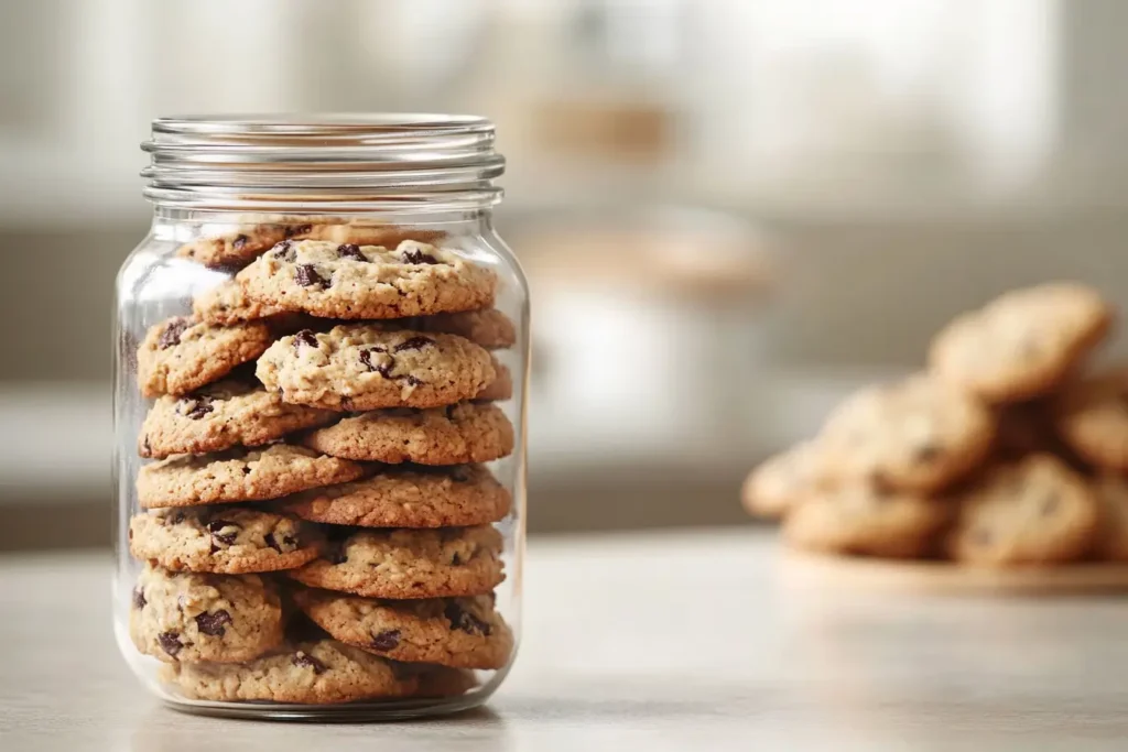 Cookies in a glass jar with a slice of bread for freshness