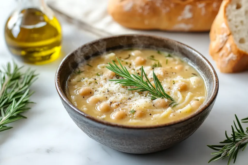 Bowl of pasta e ceci garnished with rosemary and parmesan