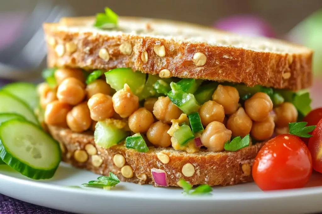 Close-up of a healthy chickpea salad sandwich with fresh veggies