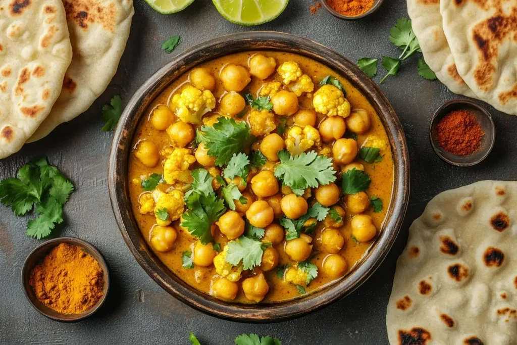 Vegan chickpea curry with cauliflower and fresh cilantro garnish