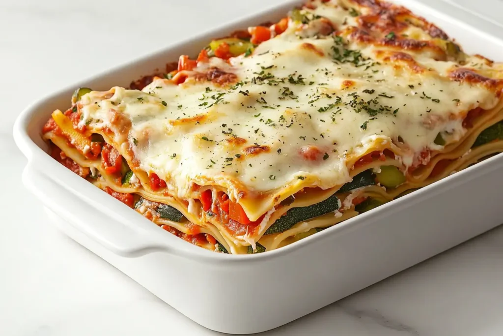 Freshly baked veggie lasagna with white sauce on white marble