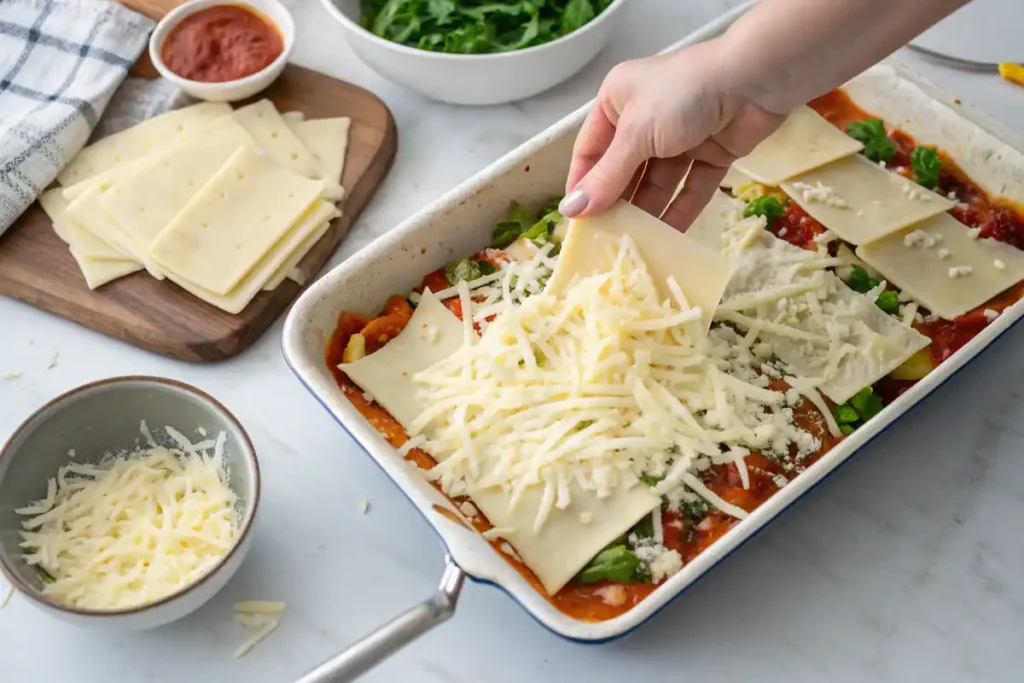 Process of layering lasagna with white sauce and vegetables.