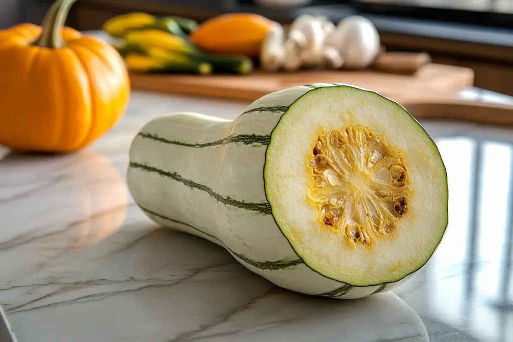 Fresh cousa squash on a white marble countertop Fresh cousa squash, ready to be cooked.