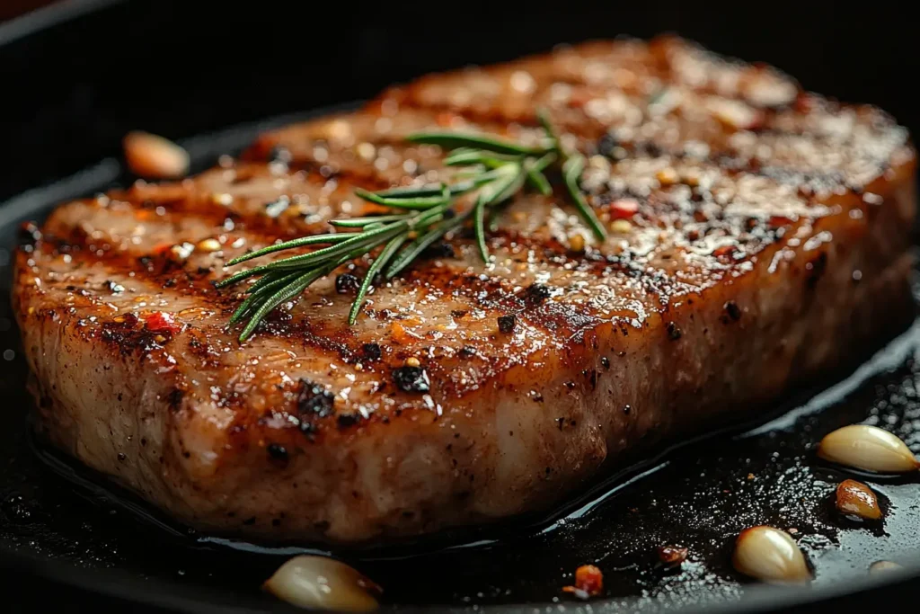 Searing sous vide steak in a cast-iron skillet with rosemary and garlic