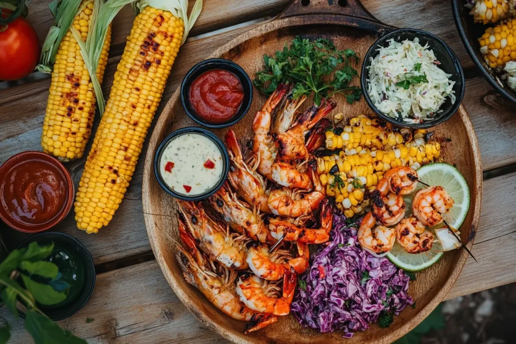 Beautifully plated BBQ shrimp with coleslaw, corn on the cob, and dipping sauces on a rustic wooden picnic table