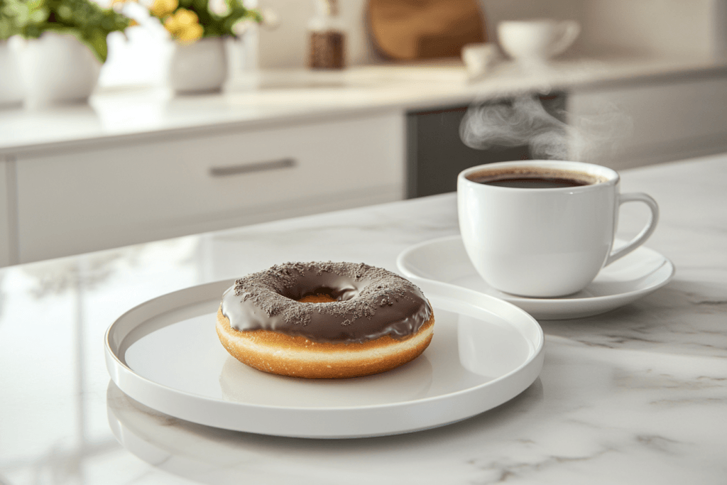 Chocolate frosted donut served alongside a steaming cup of coffee on a marble table.