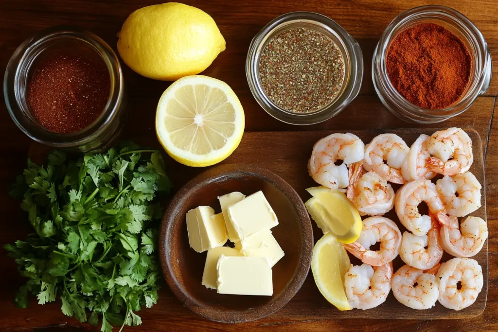 Flat-lay of BBQ shrimp ingredients including raw shrimp, lemon wedges, garlic cloves, butter, spices, and fresh herbs on a rustic wooden table.
