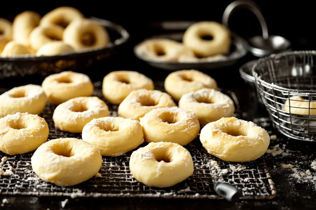 Fresh dough for chocolate frosted donut rolled out on a floured surface"