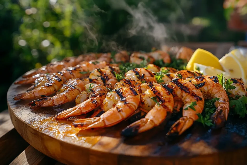 Close-up of marinated shrimp skewers sizzling on a grill with light char marks, smoke, and glowing charcoal