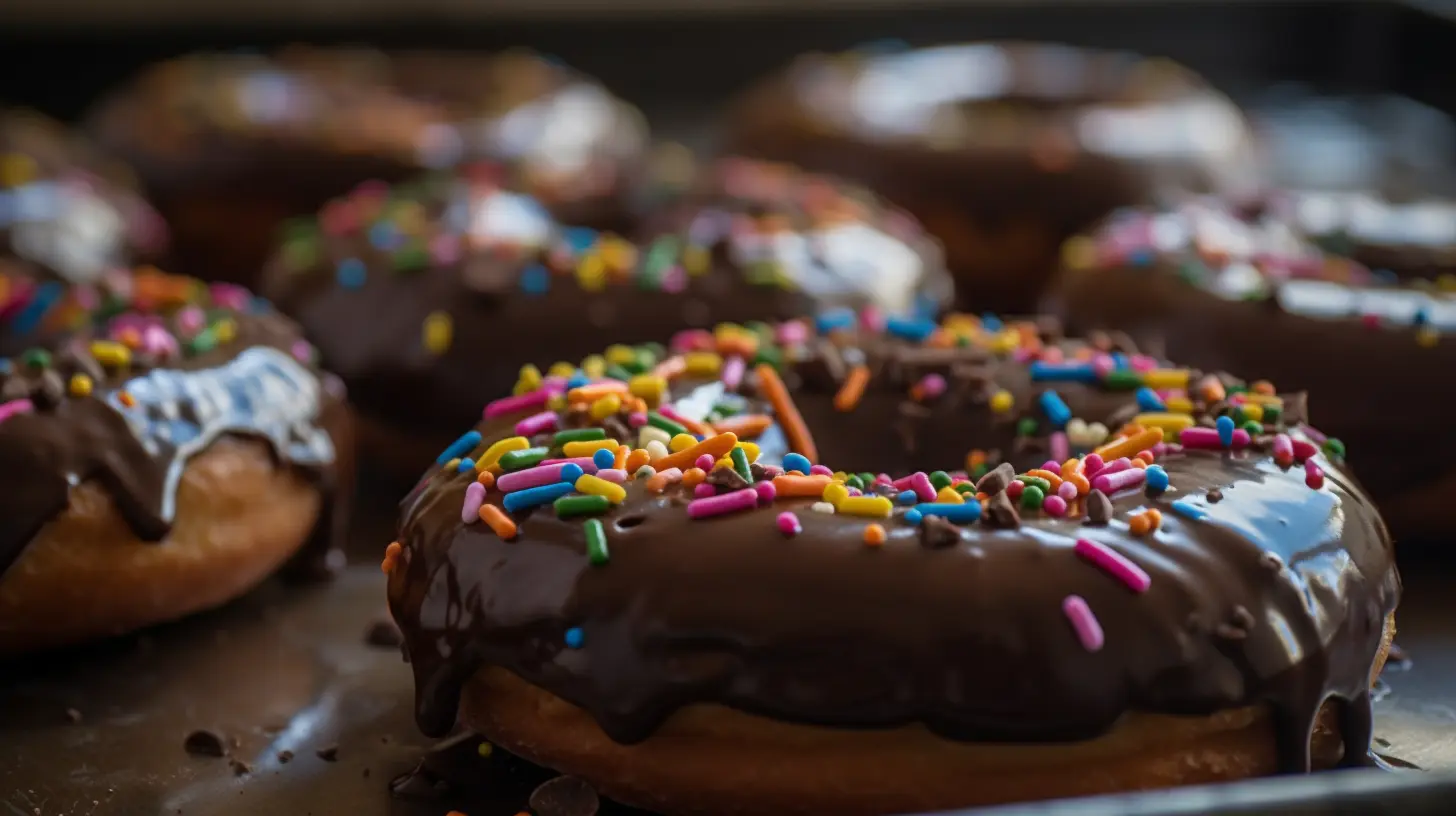 Dipping a warm donut into chocolate frosted donut glaze