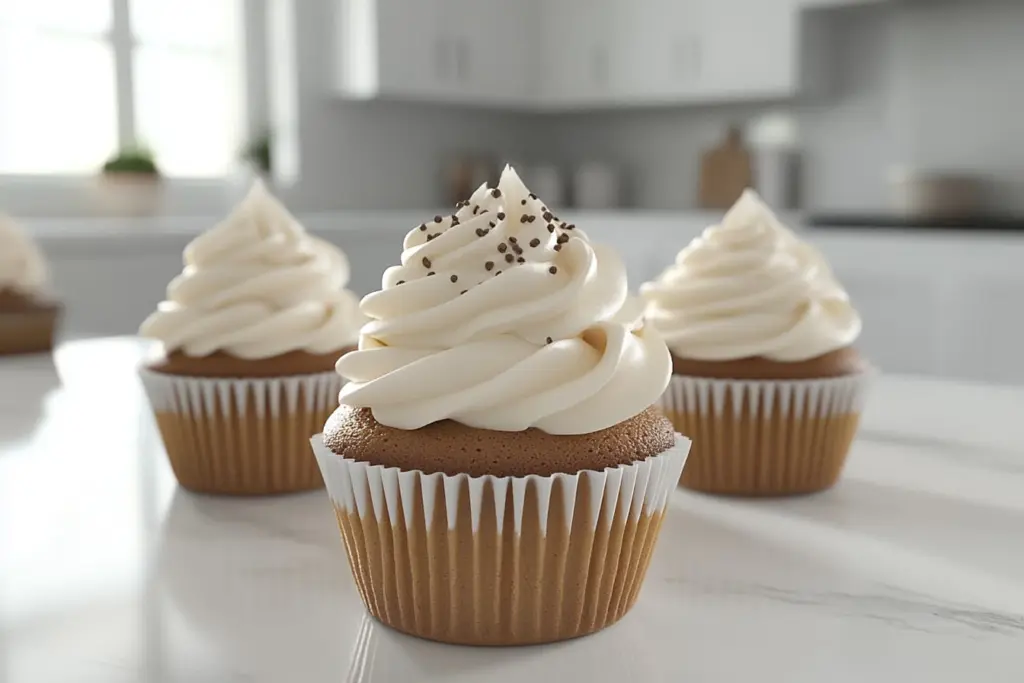 Decorative piping of cream cheese filling on cupcakes