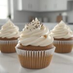 Decorative piping of cream cheese filling on cupcakes