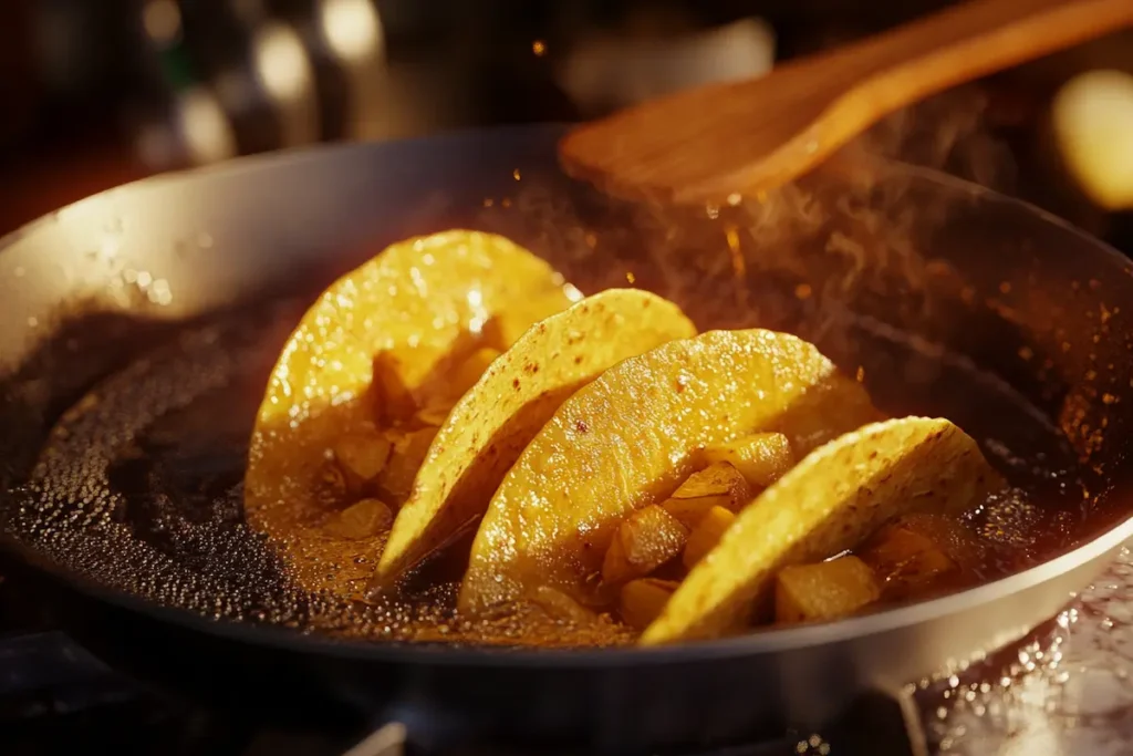 Frying potato-filled tacos in hot oil.	