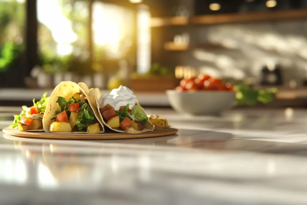 Tacos with potatoes and different toppings.
