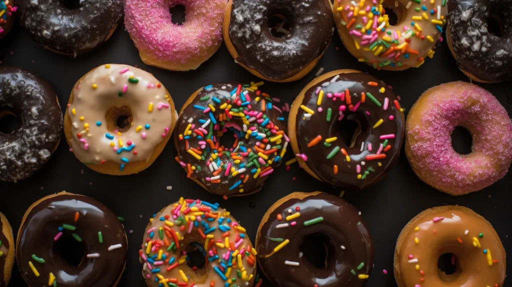 Assorted chocolate frosted donuts topped with colorful sprinkles and crushed nuts, arranged beautifully.