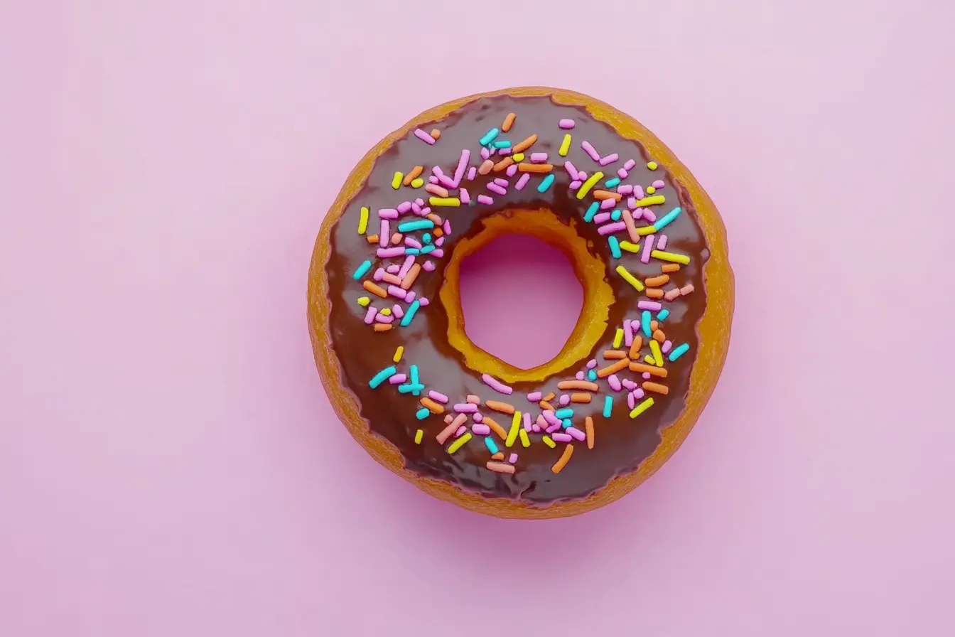 A close-up of a chocolate frosted donut, glossy frosting, high-quality, hyperrealistic.