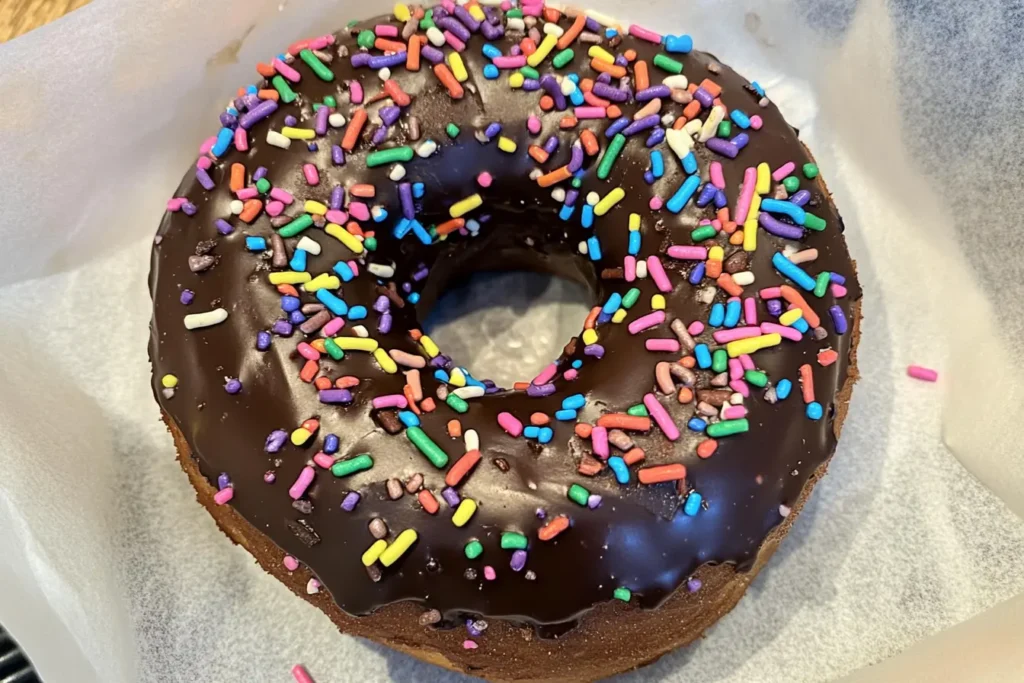 Chocolate frosted donut placed on a wooden board, showcasing its glossy chocolate topping.