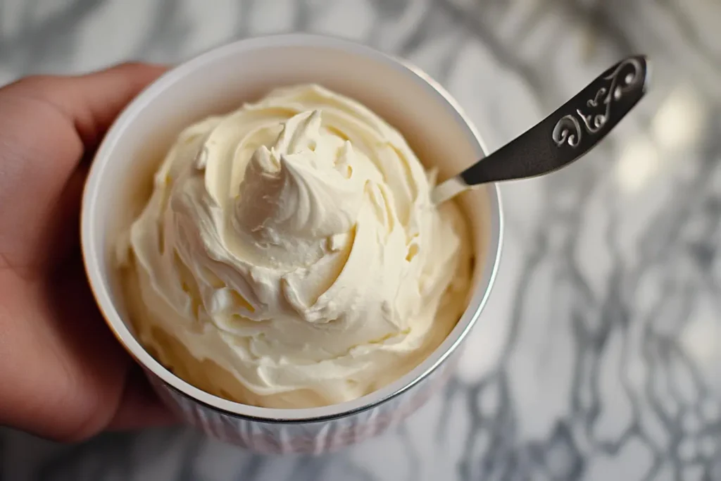 Close-up of smooth cream cheese filling in a bowl