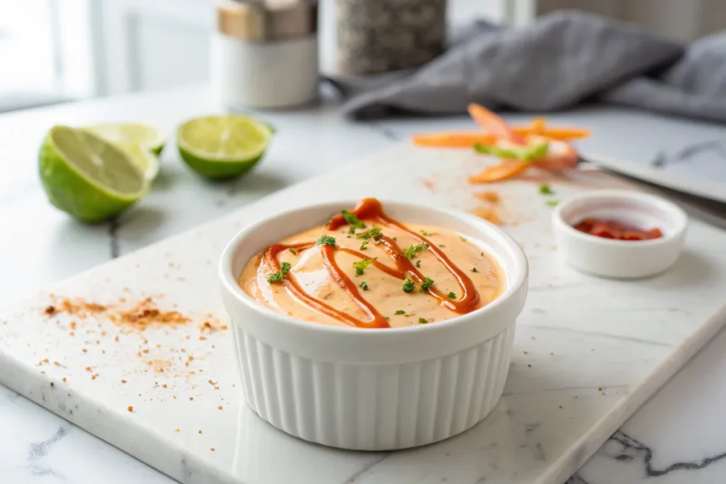 Homemade Bang Bang Sauce in a white ramekin on a marble countertop