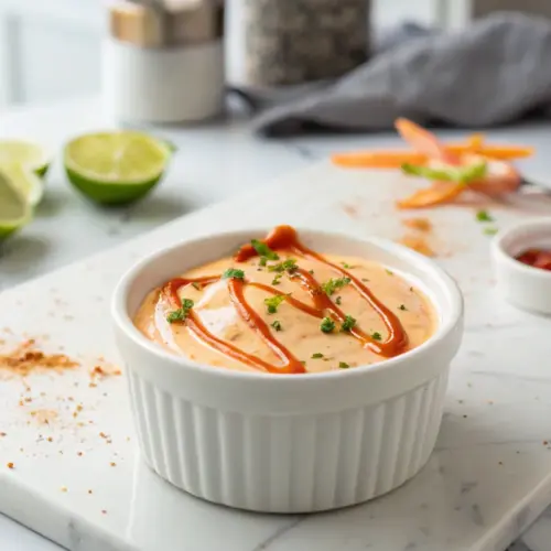 Homemade Bang Bang Sauce in a white ramekin on a marble countertop