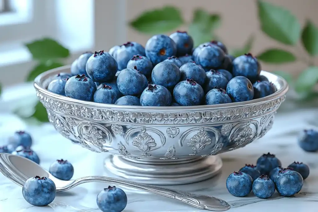 Glossy blueberry compote in a glass bowl on white marble