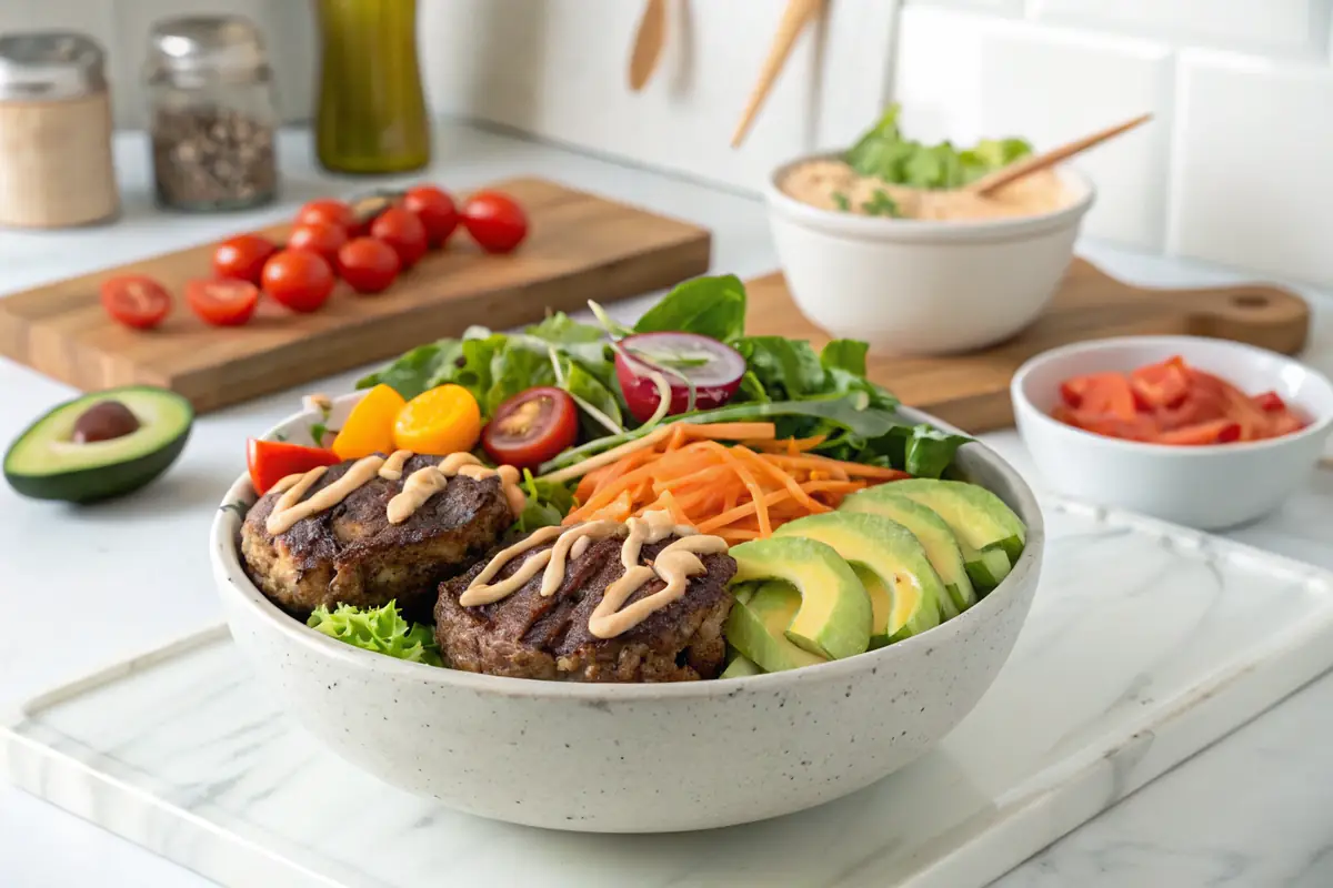 Vibrant burger bowl with fresh veggies and juicy patty on a marble countertop