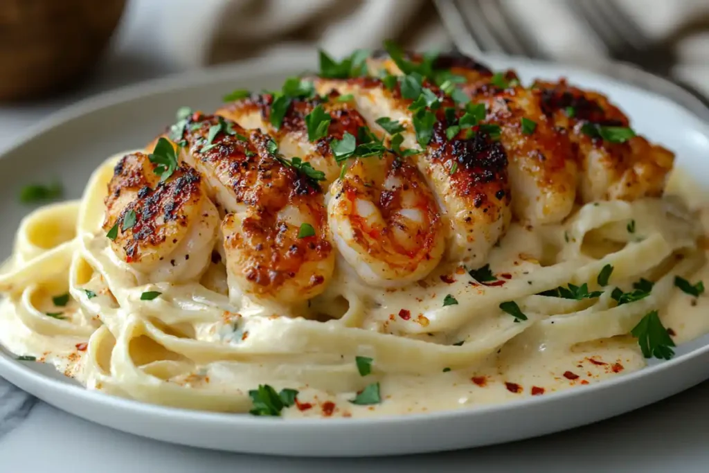 Cajun Alfredo Recipe Plated with Chicken and Shrimp