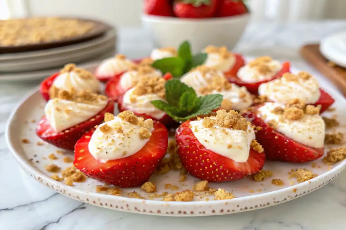 Cheesecake deviled strawberries on a marble countertop in a modern kitchen