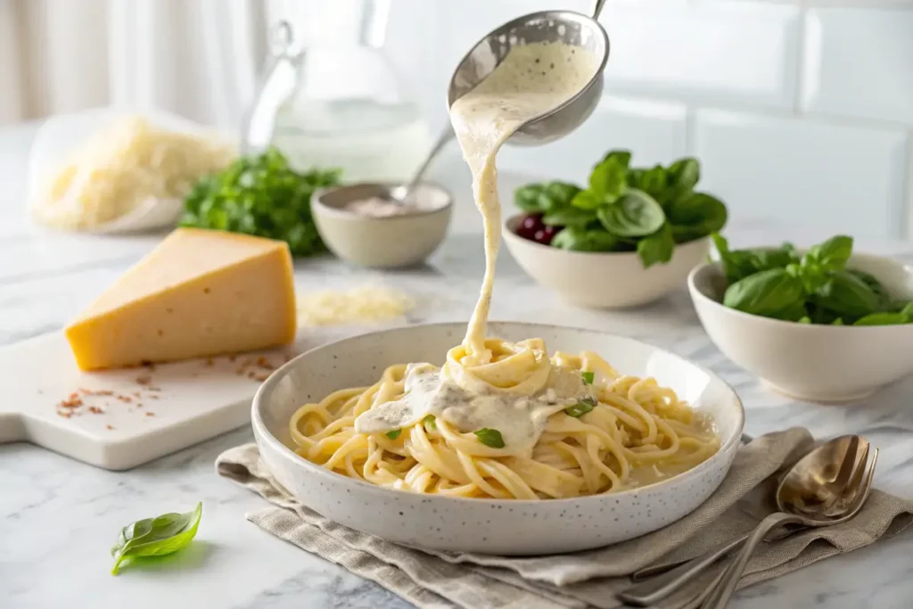 Creamy Alfredo sauce poured over fettuccine pasta