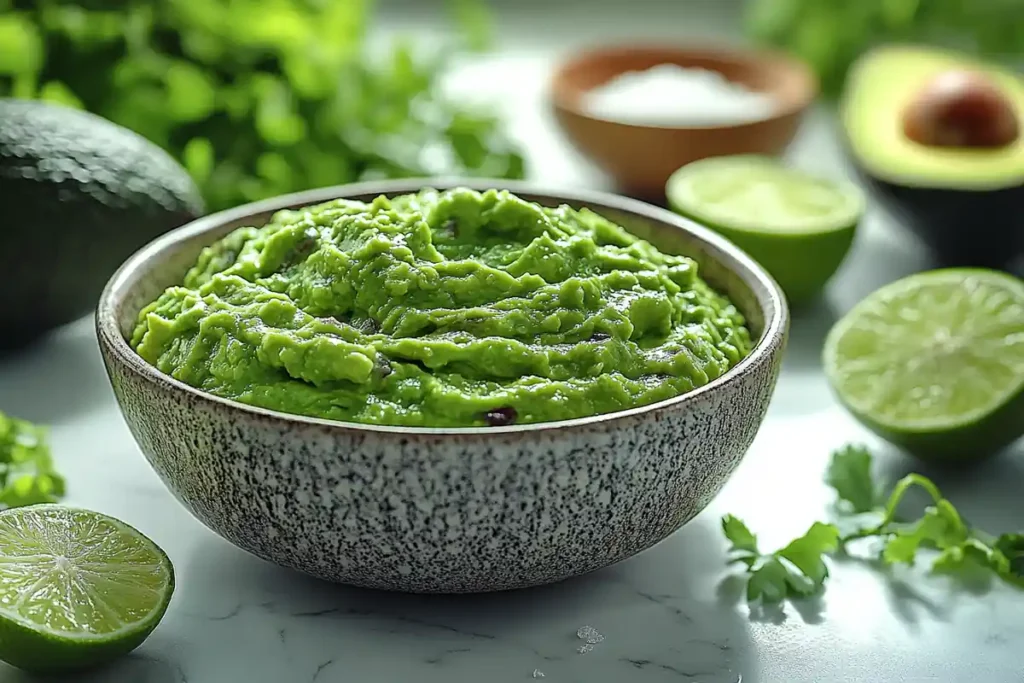 Bowl of 4 ingredient guacamole on a white marble countertop.