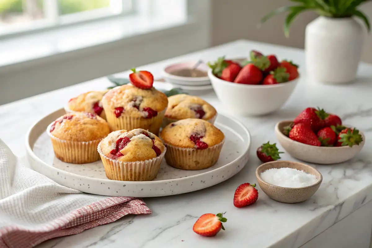 Freshly baked muffins from a Strawberry muffin recipe on a plate, garnished with whole strawberries on a marble countertop.