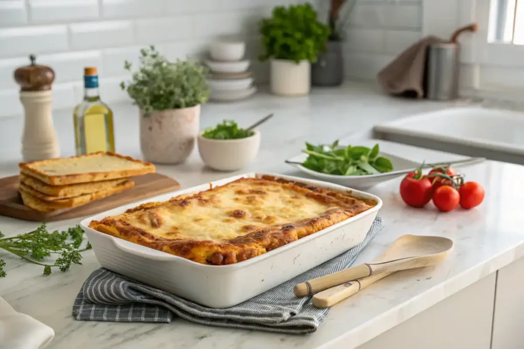 Freshly baked lasagne with golden cheese on a white marble countertop.