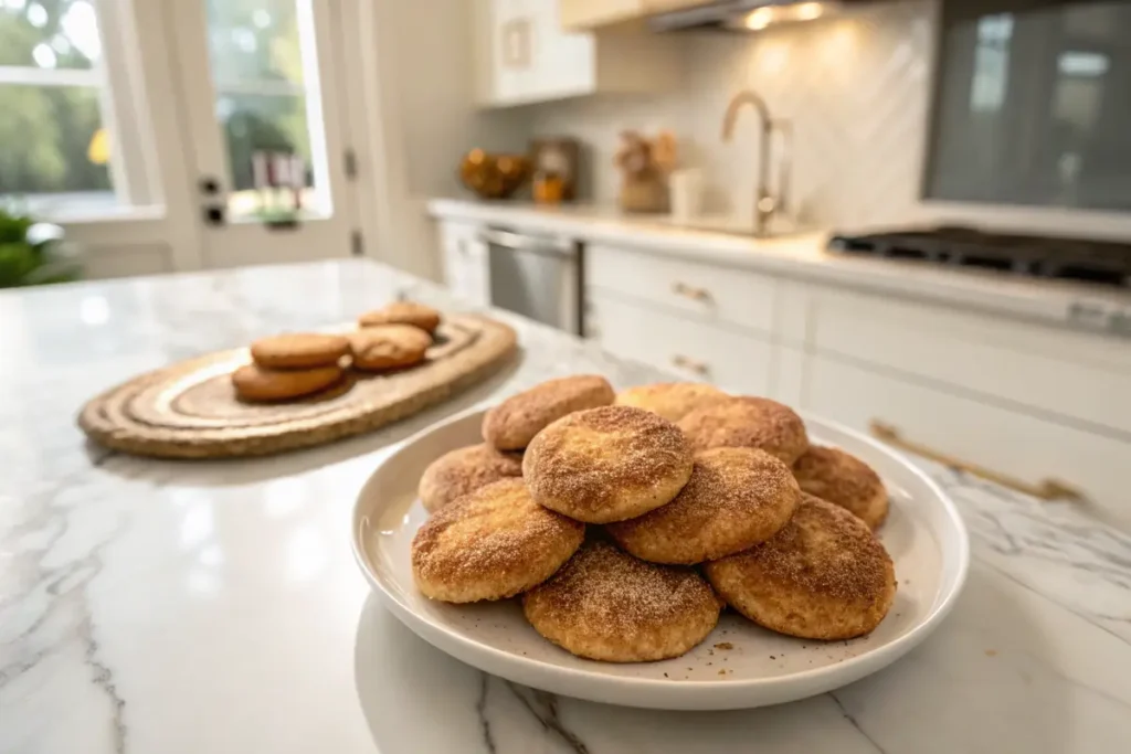 Freshly baked snickerdoodle cookies without cream of tartar on a plate.